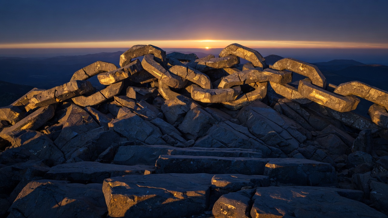Sunrise lifting over a ridgeline of linked stone